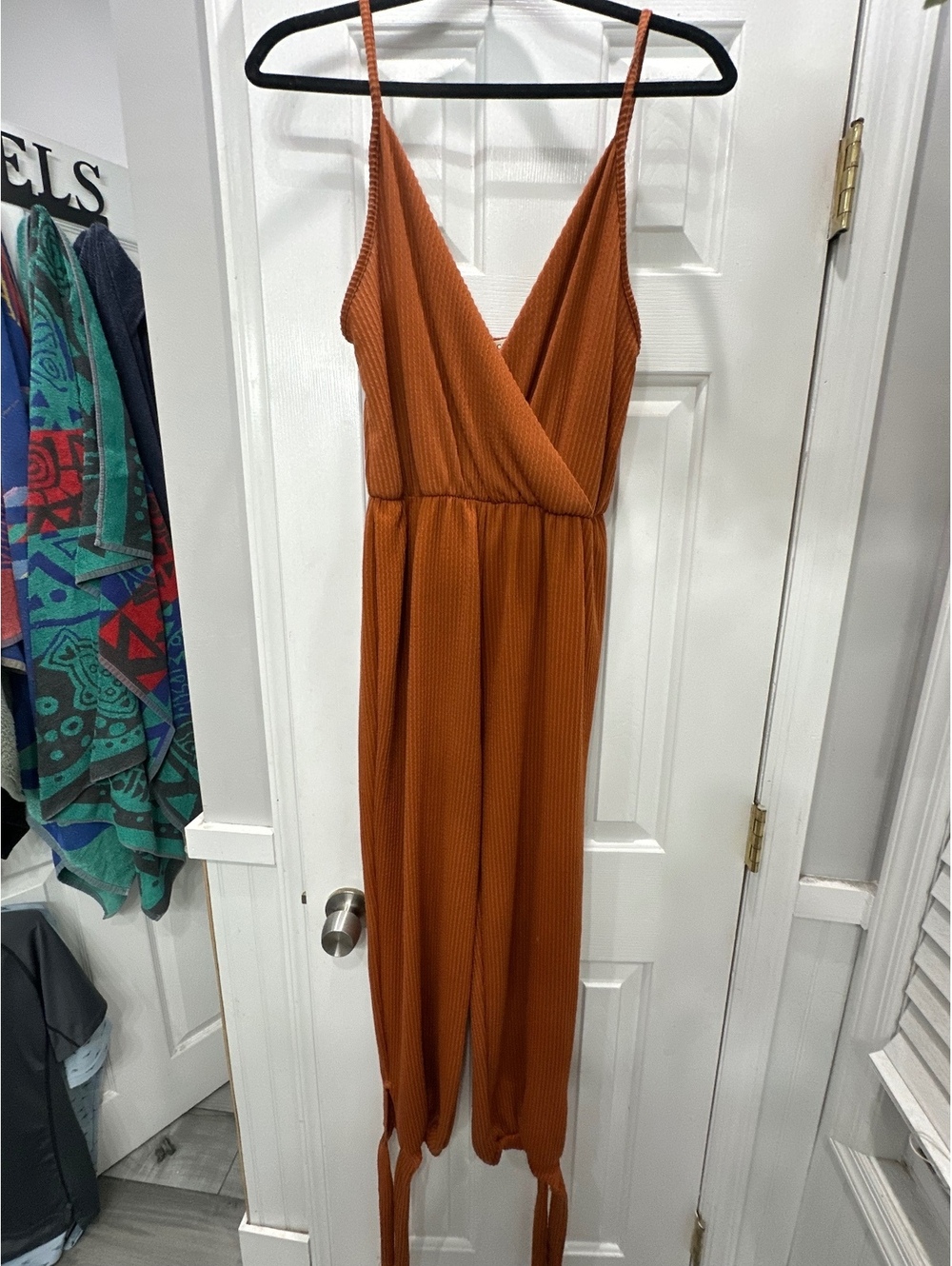 Rolla Coaster Orange Ribbed Jumpsuit with Tie Hem, Size Large